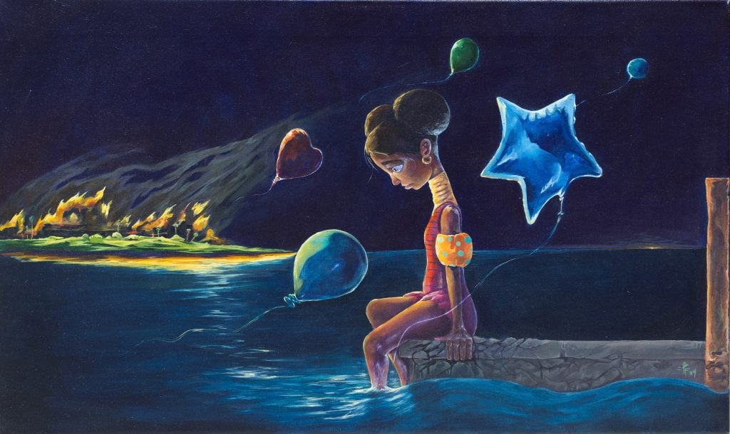 A young girl with pigtails sits on a dock, looking down at the water. She wears a red swimsuit with polka dots and has balloons tied to her wrist. In the background, a city is on fire.