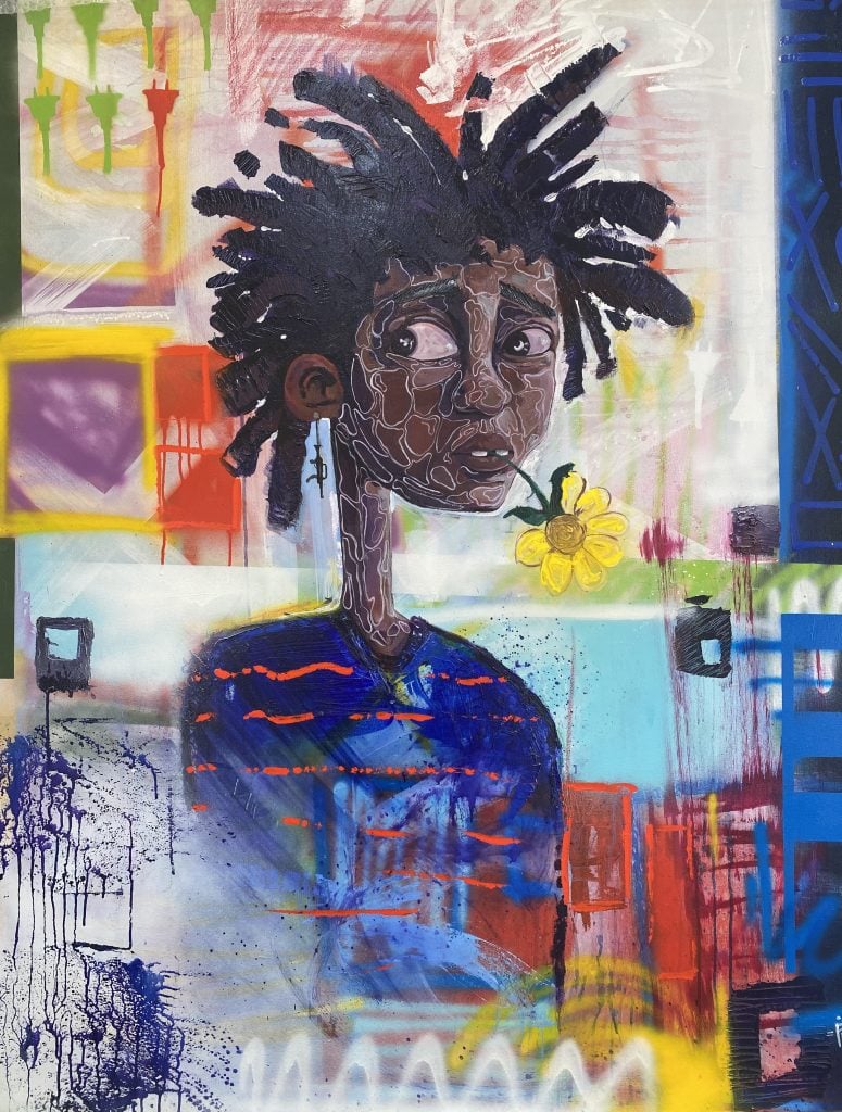 A portrait of a young Black boy with dreadlocks, holding a yellow flower in his mouth. The background is filled with colorful shapes and patterns.