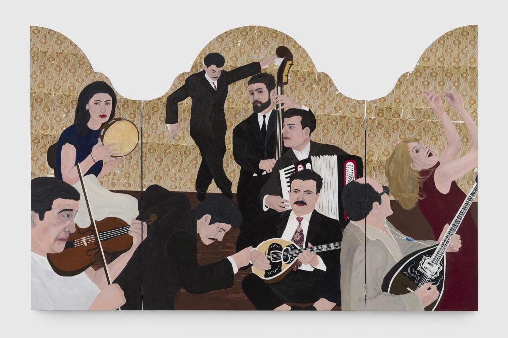 Triptych by Kiriakos Tompolidis showing a group of dressed up men and women, with several playing various instruments and some dancing, top edge is irregularly shaped but symmetrical. 