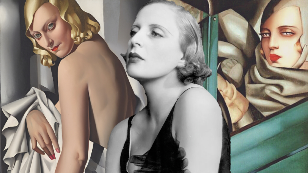 A black and white photo of Tamara de Lempicka overlaid atop two surrounding images of her paintings.