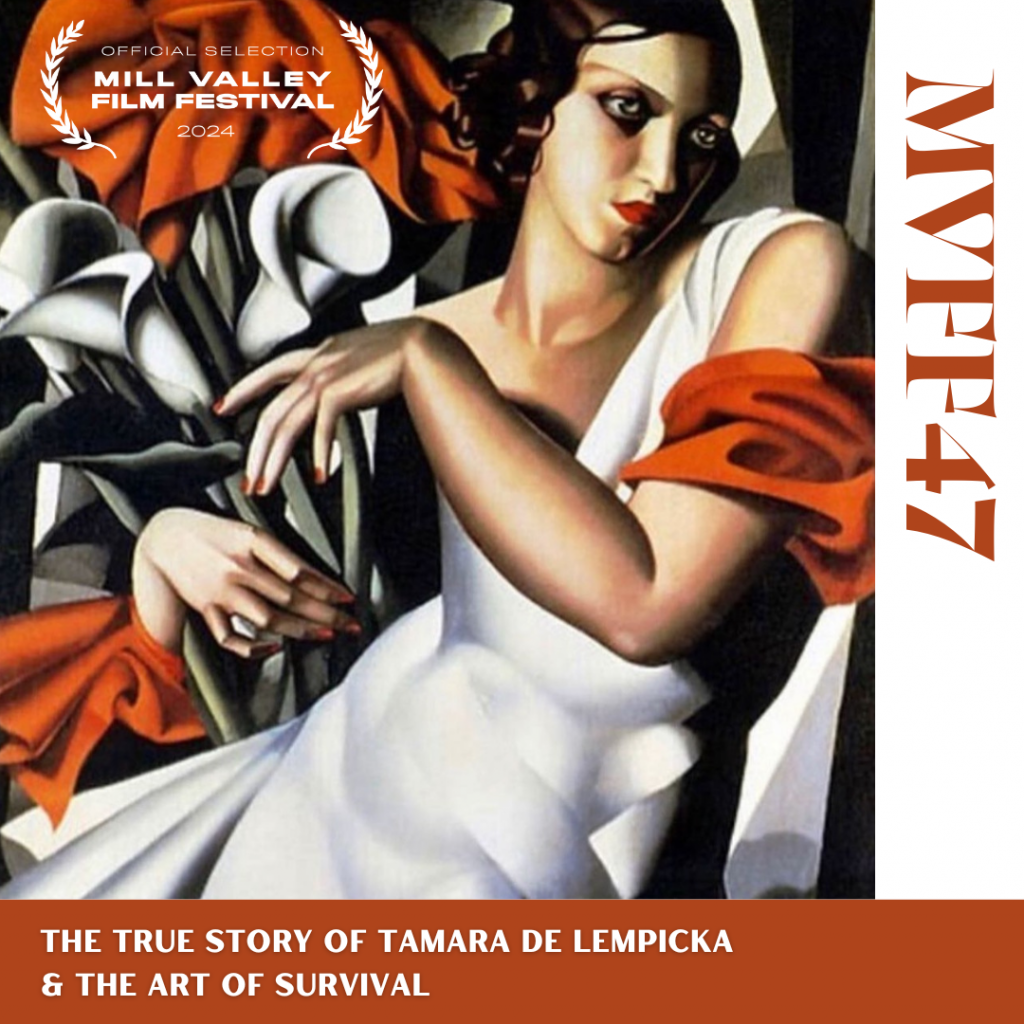 A flyer for the appearance of the Lempicka film at Mill Valley Film Festival, with the artist's portrait of a woman wearing a white dress and holding red flowers in its background.