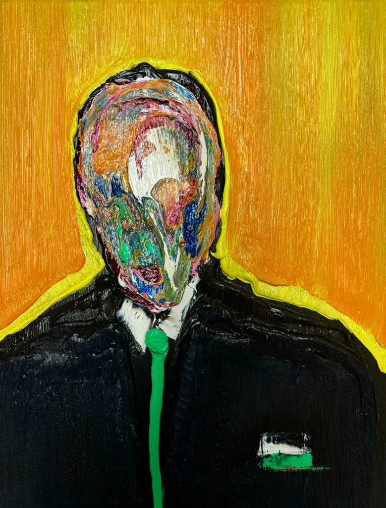 Painting by Lincoln Townley of a figure with a black suit jacket and neon green skinny tie and the face is a mottled abstraction, against a ground of orange and yellow.