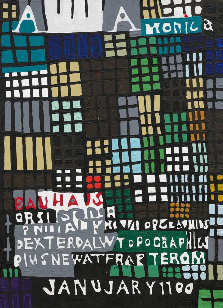 a painting of a cover of Art in America magazine with an abstract grid design