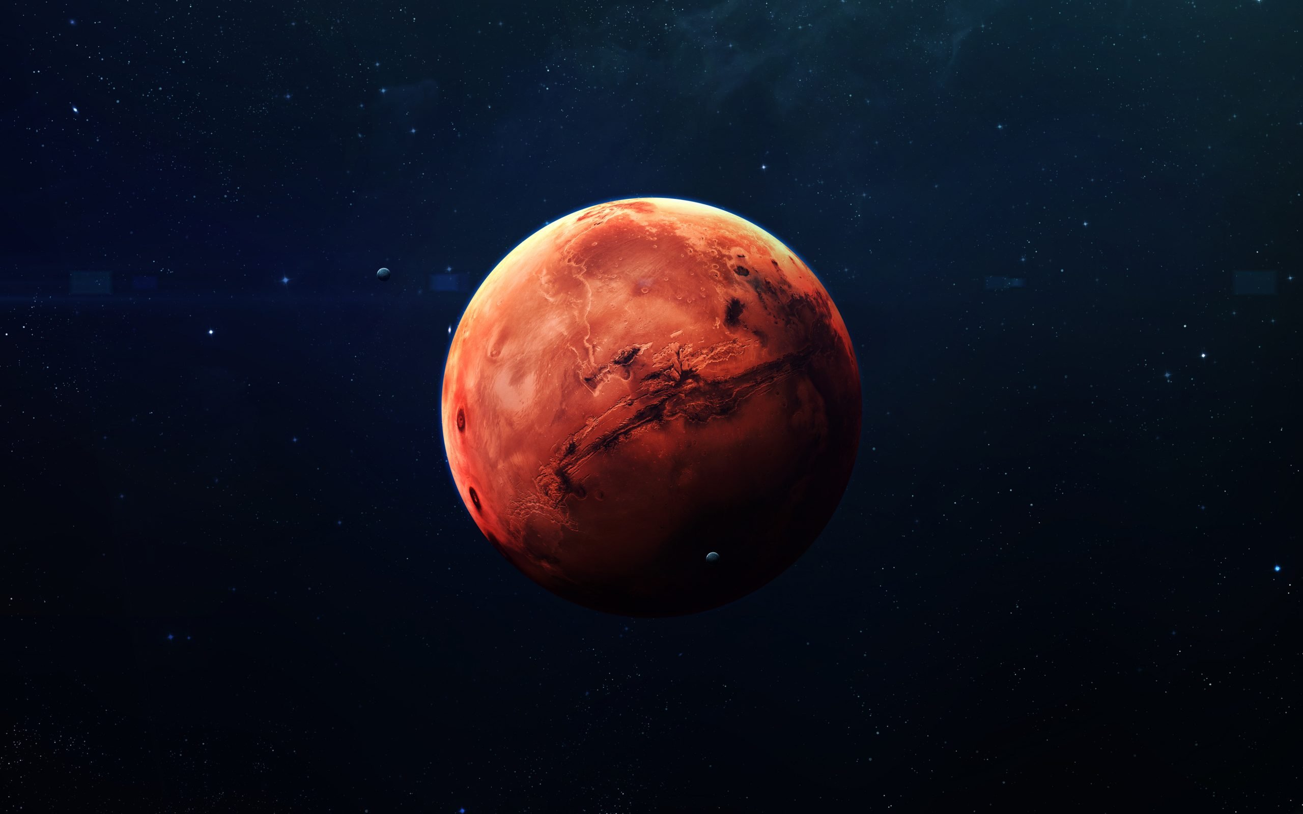 A red planet, Mars, seen in deep dark space