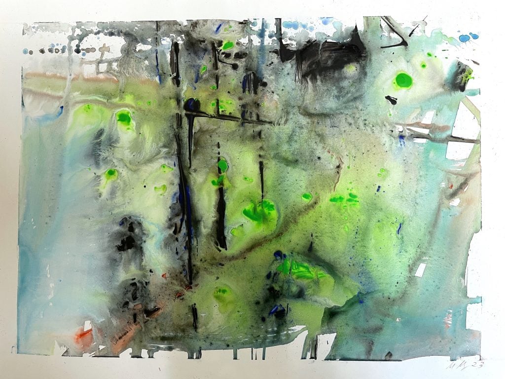 Abstraction by Matthias Meyer in watercolor greens blues and blacks.