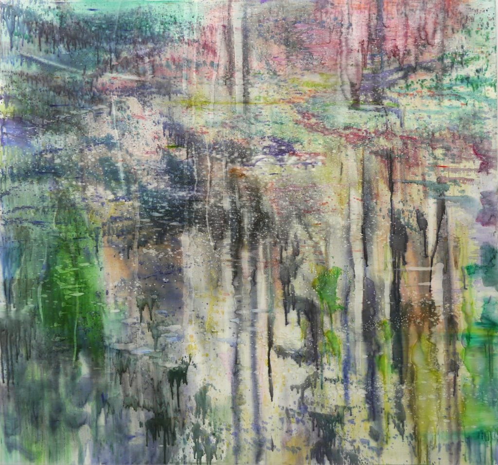 Matthias Meyer abstract painting of a lake with reflections.