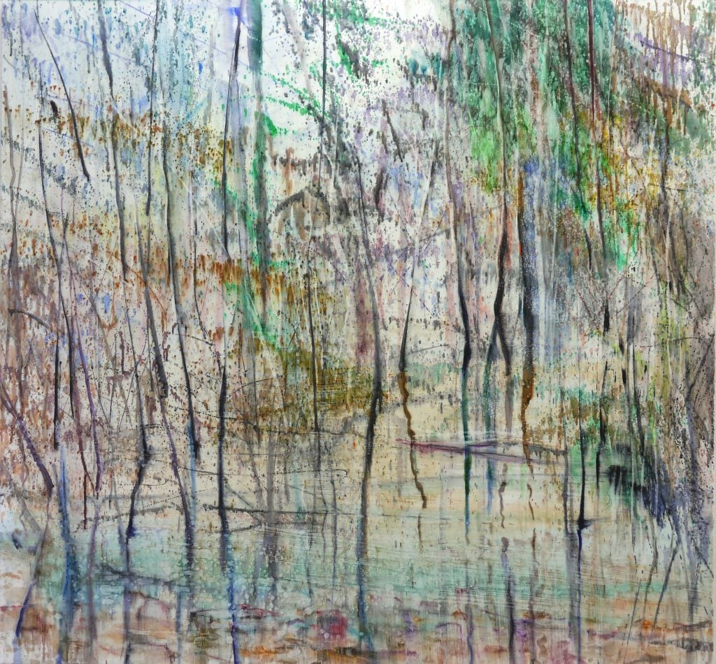 Abstract landscape by Matthias Meyer showing vertical brown lines like trees and mottled greens blues and yellows.