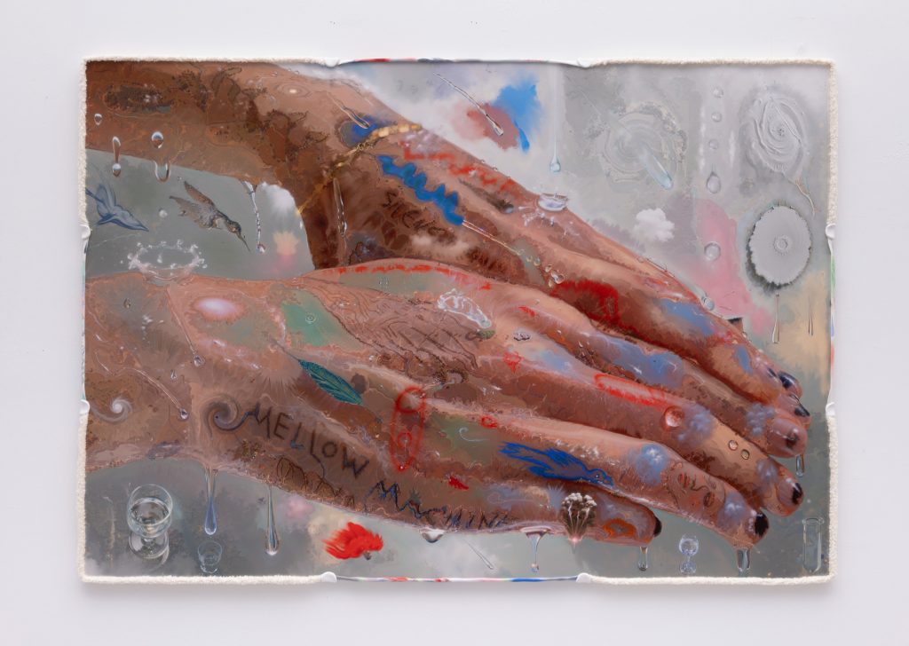 Image of two hands covered in writing and paint by Hedda Schattanik and Roman Szczesny shown by Sies + Höke Galerie, Düsseldorf, at Miami Art Week