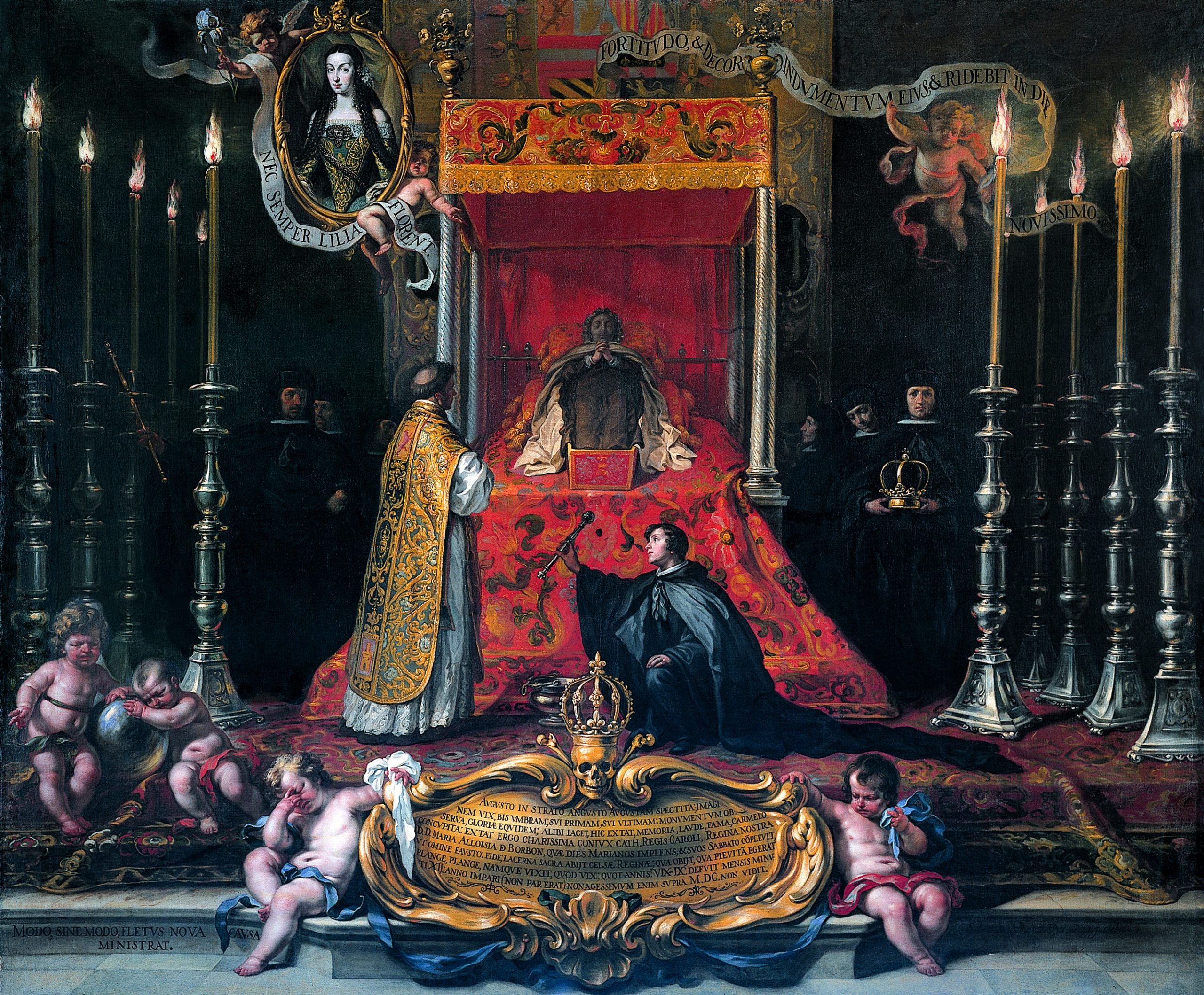 A Baroque painting depicting a regal funeral scene with clergy, mourners, elaborate candelabras, angels, a crowned figure in repose, and ornate gold decorations highlighting solemnity and grandeur.