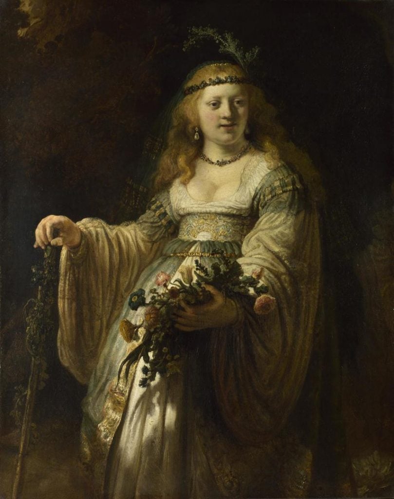 Rembrandt, Saskia van Uylenburgh in Arcadian Costume (1635). Collection of the National Gallery, London.