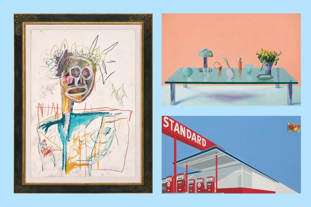 Images Clockwise from left: Jean-Michel Basquiat, Untitled; David Hockney, Still Life On Glass and Ed Ruscha's Standard Station, Ten-Cent Western Being Torn in Half.