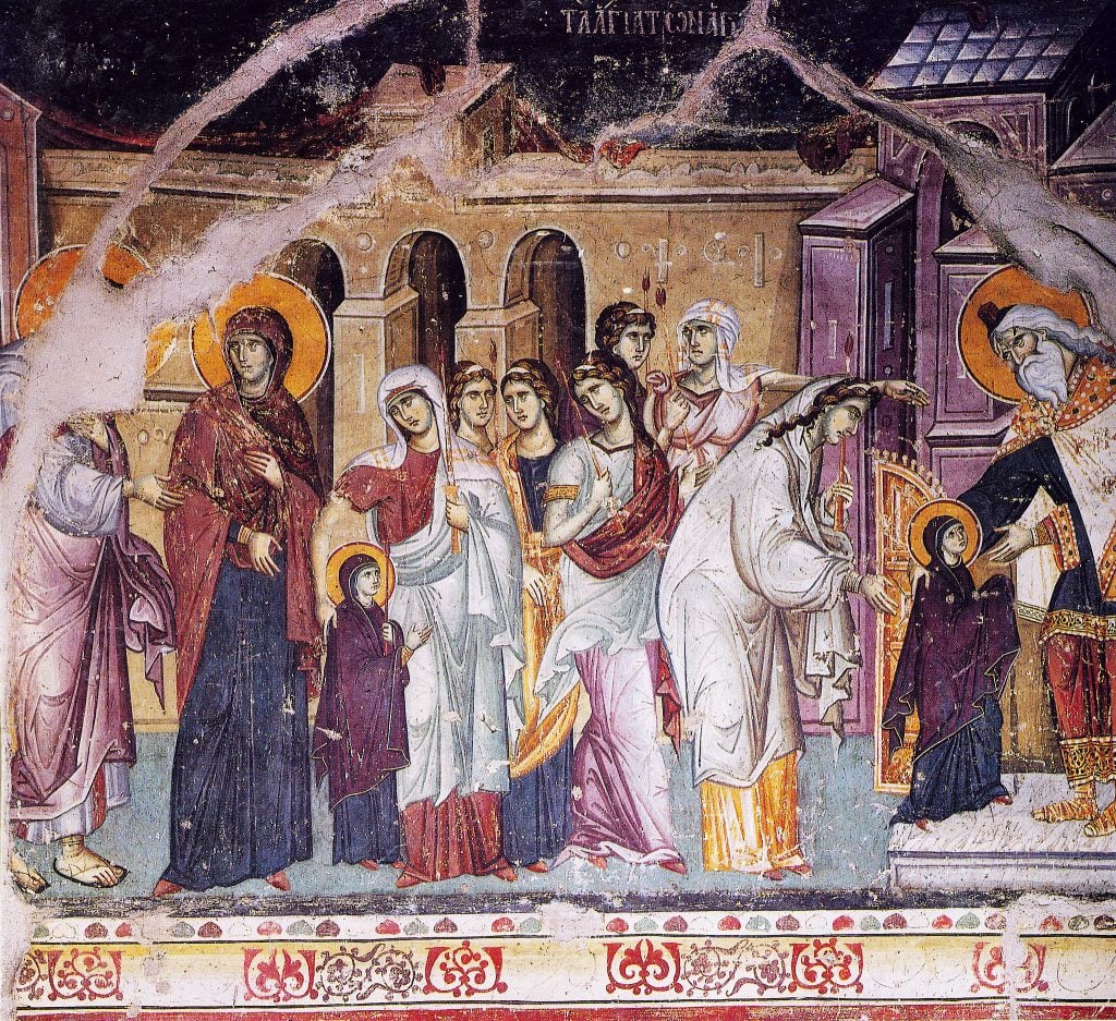 A detailed Byzantine fresco depicting the Presentation of Mary in the Temple, attributed to Panselinos.