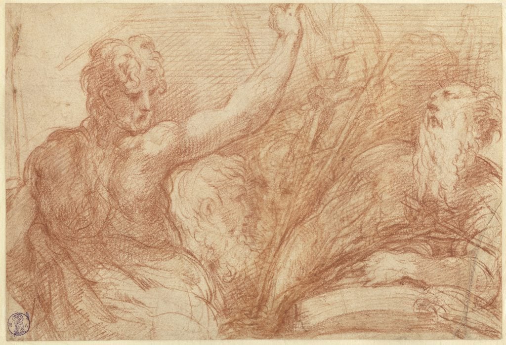 An image of a sketch featuring John the Baptist pointing upwards and Saint Jerome sitting in the background, rendered in soft, red chalk on yellowed paper