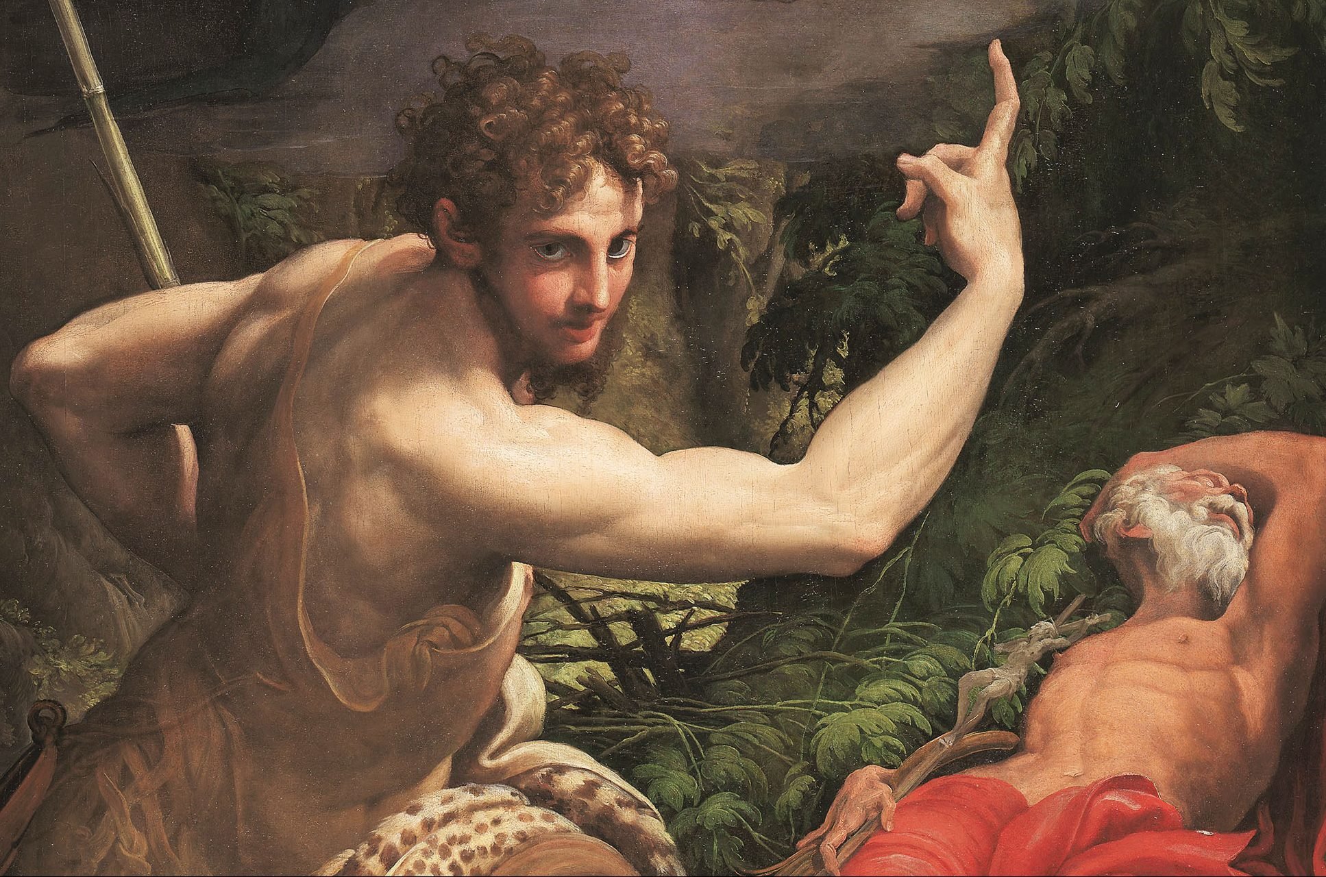 Detail of a Parmigianino altarpiece showing Saint John pointing upward while Saint Jerome sleeps in the background