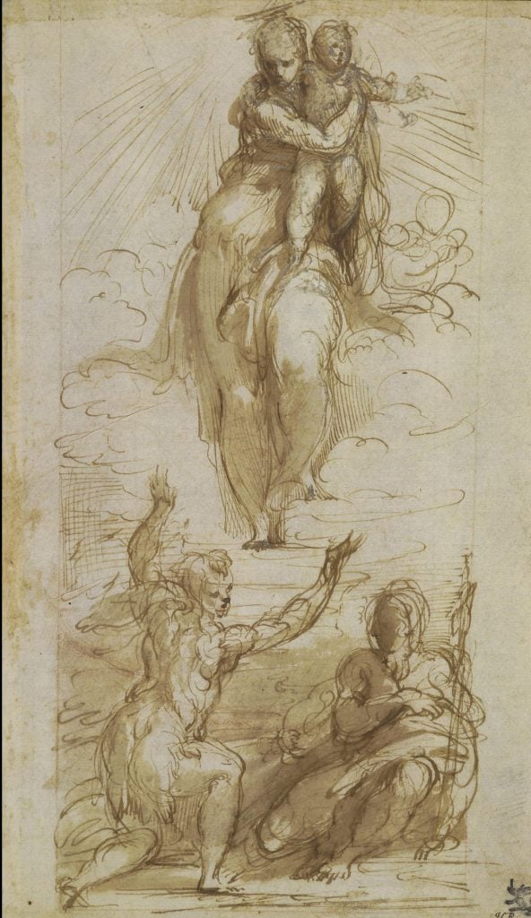 An image of a sketch almost exactly depicting the composition of 'Madonna and Child with Saints' by Parmigianino, rendered in brown ink with a brown wash over red chalk