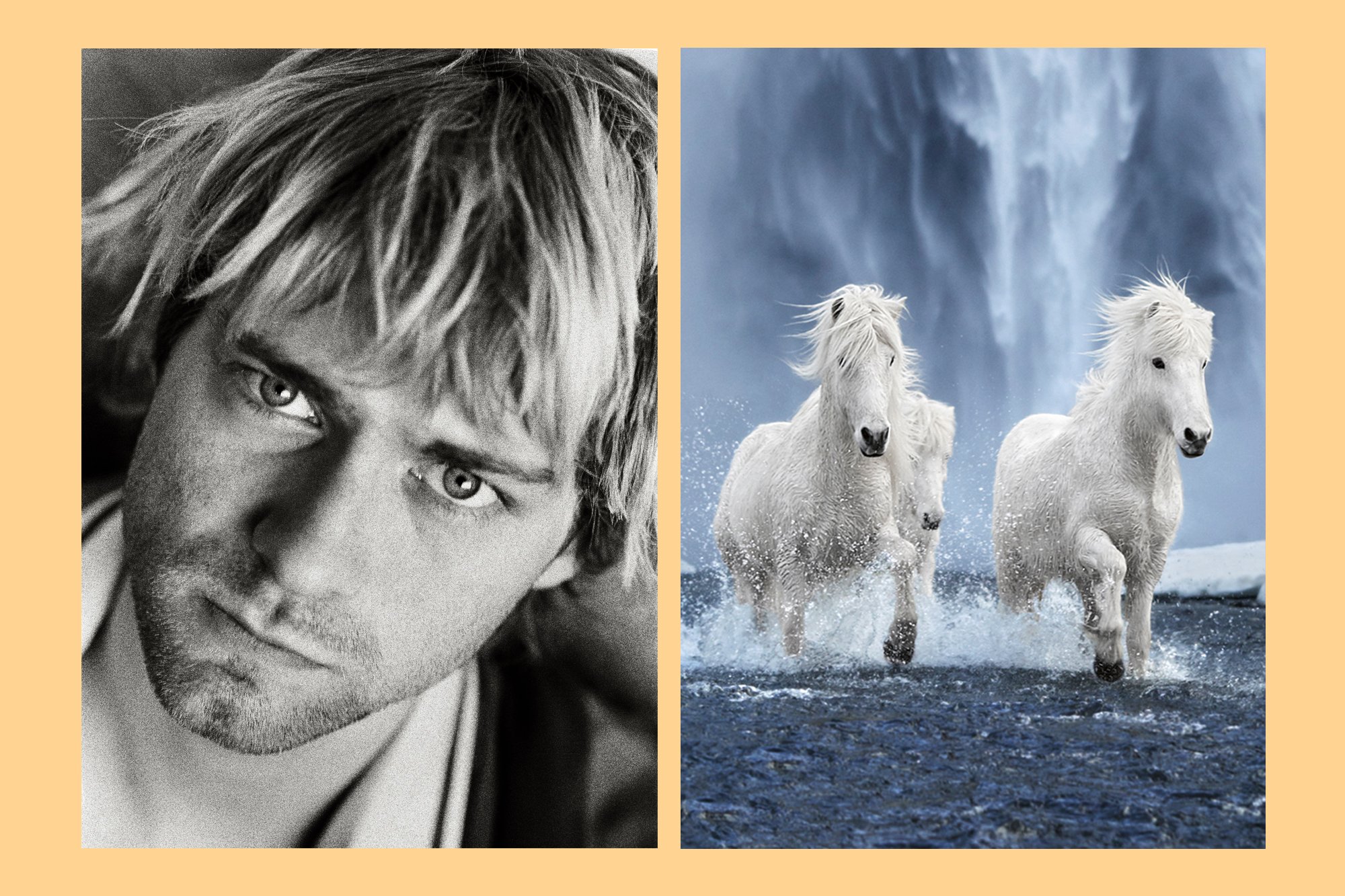 Left: Kurt Cobain, from Family Values: Kurt, Courtney & Frances Bean. Right: Horses fromUntamed Spirits.