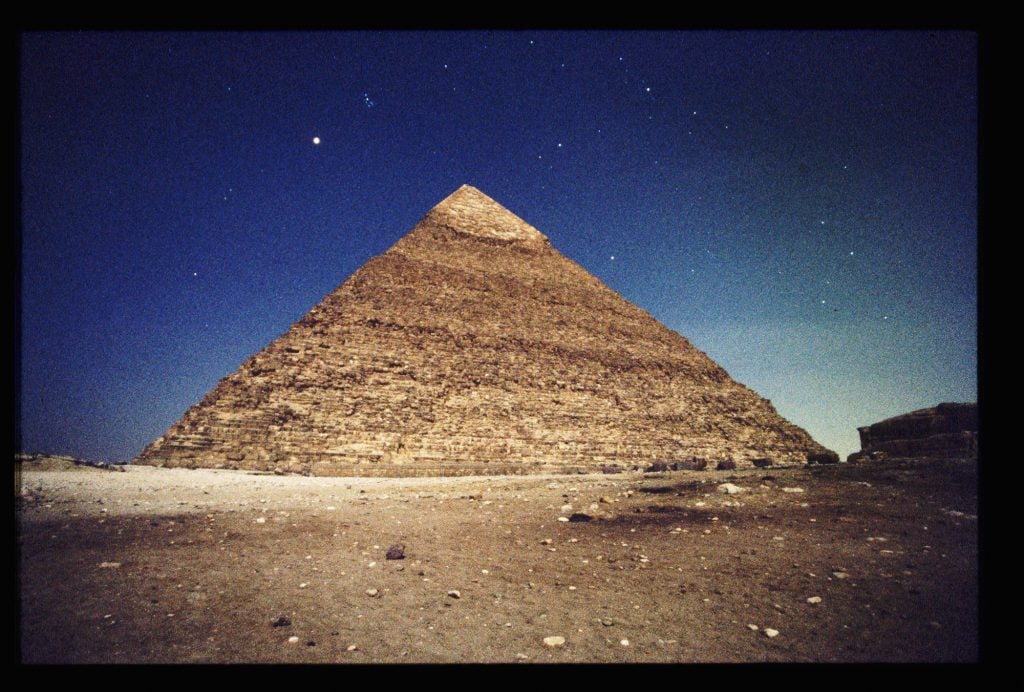 A general view of the Egyptian Pyramid of Khafre at night.