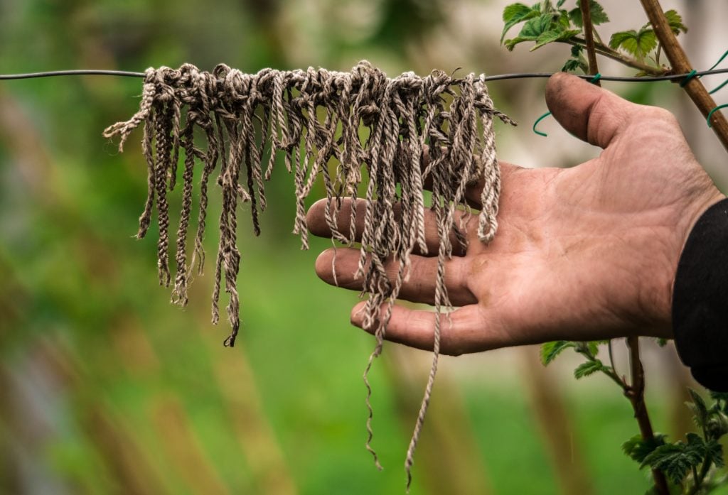 A hand holding up a series of knotted strings