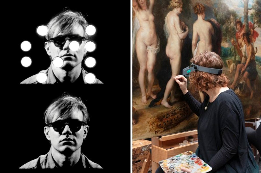 Left: Gerard Malanga, Andy Warhol: Portraits of the Artist as a Young Man (1964). Right: Conservator Britta New retouching Peter Paul Rubens’s The Judgement of Paris during the conservation treatment.