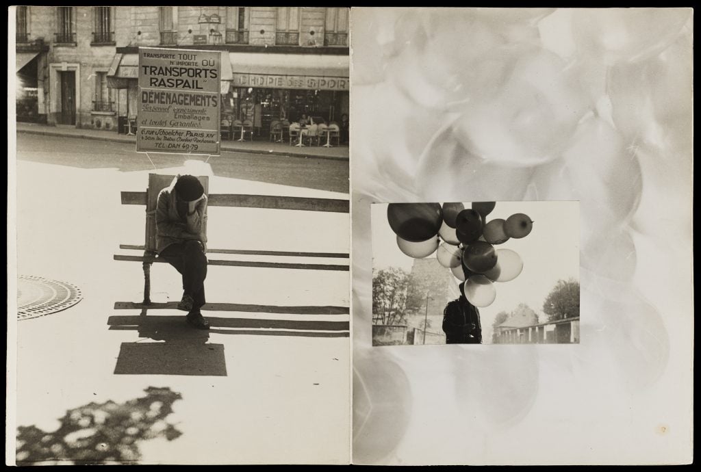 A spread of two black and white photographs of daily life in Paris, one depicting a person sitting on a bench and the other depicting a person holding a bunch of balloons.