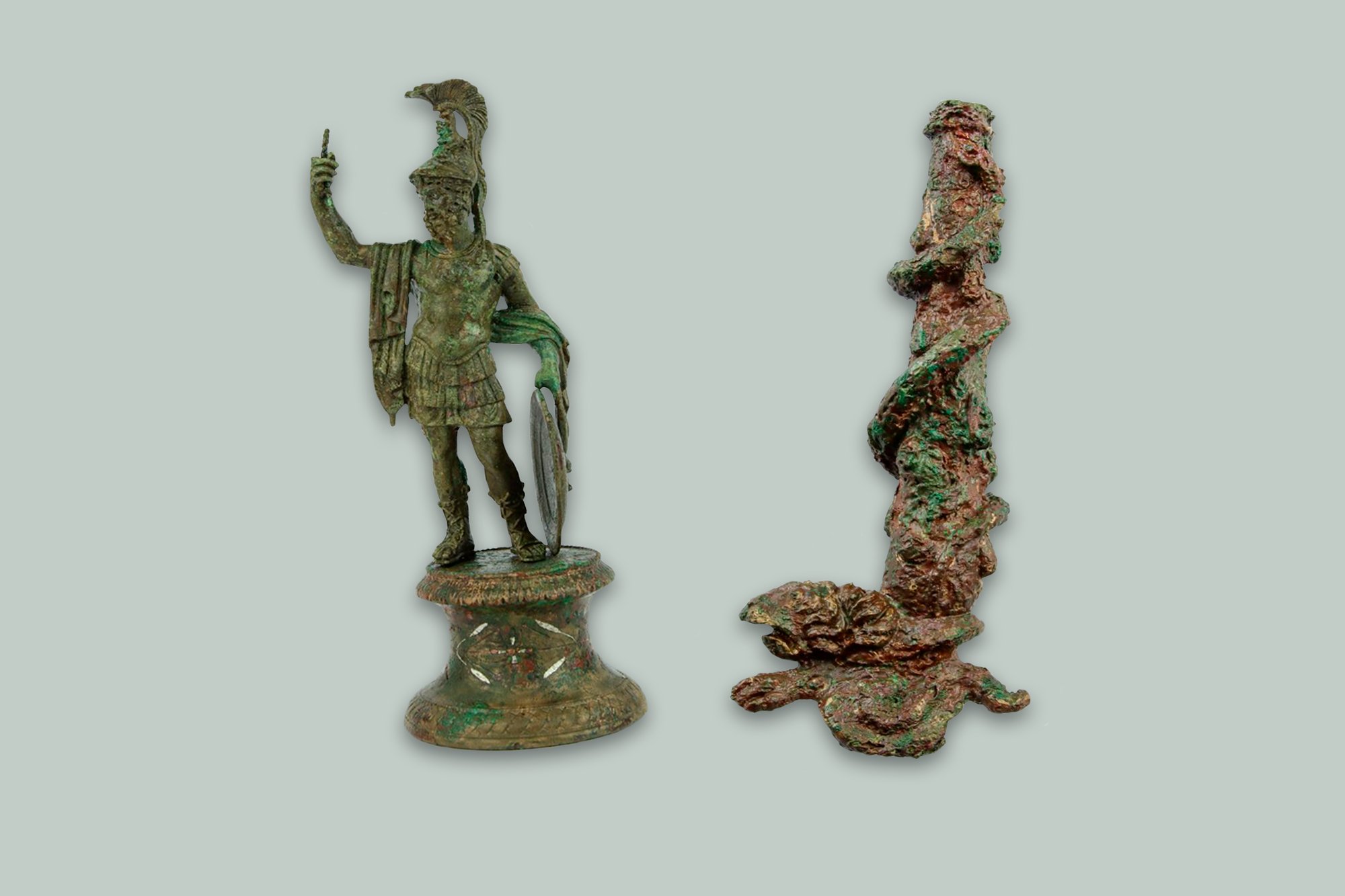 Left: The statuette of Mars unearthed in Reims. Right: Hercules's club after cleaning.