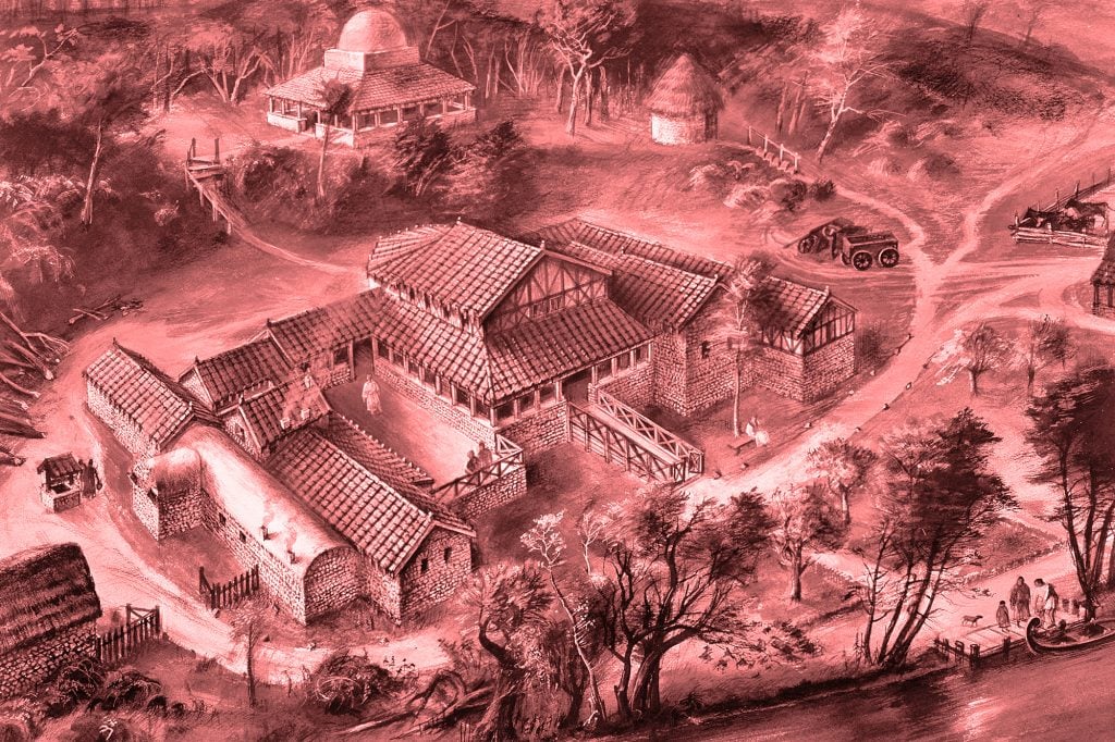 A reconstruction drawing of Lullingstone Roman Villa, depicting the possible appearance of the villa c. AD 360, situated near the village of Eynsford in Kent, south eastern England.