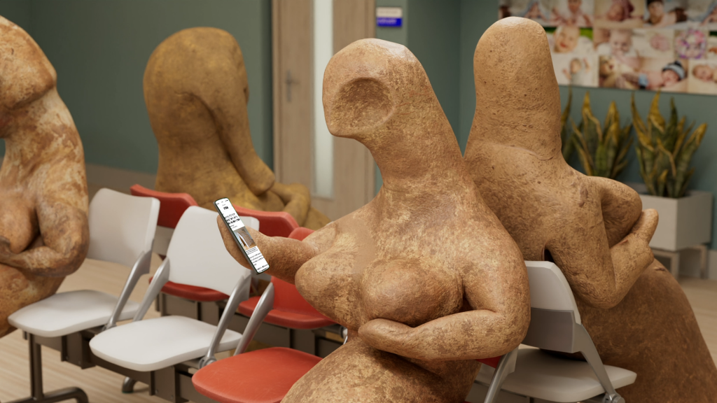 An artwork by Ruth Patir showing a digital image of an ancient figurine in a medical waiting room