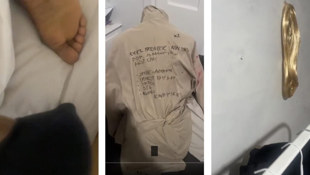 A series of screen captures from a livestream video, including an image of a person's foot in bed, the back of a jacket with scribbled words, and a wig hanging on a wall