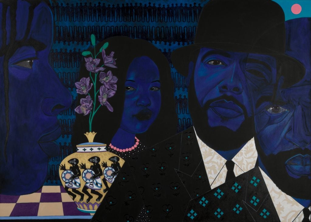 Painting by Mestre Projects artist Stan Burnside of two figures, a man and a woman, with their skin tone in a deep shade of blue, and an ornamental vase with a flower in it between them.