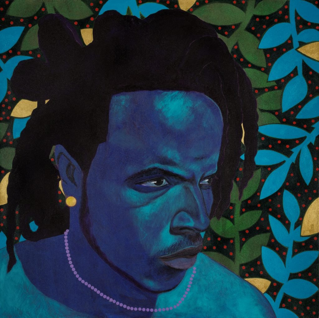 Painting by Mestre Projects artist Stan Burnside of a man with skin tone in shades of blue and locs in front of a pattern of vines.