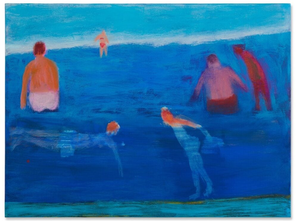 A painting of people swimming in blue water