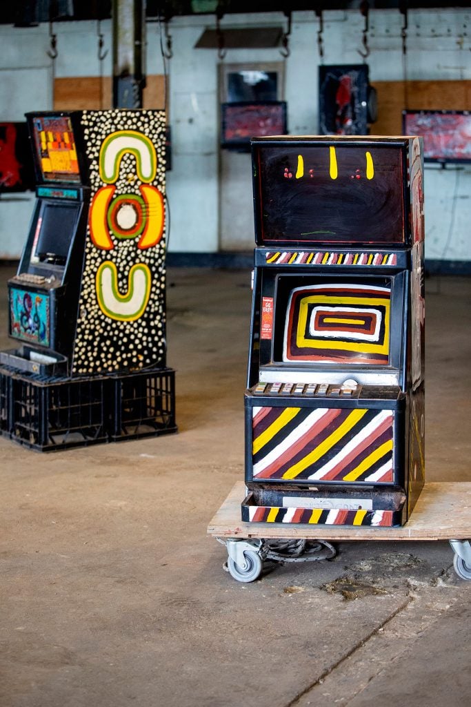 An image of the work of the Tennant Creek Brio is seen in the Turbine Hall on Cockatoo Island during the 22nd Biennale of Sydney NIRIN media preview on March 10, 2020 in Sydney, Australia.