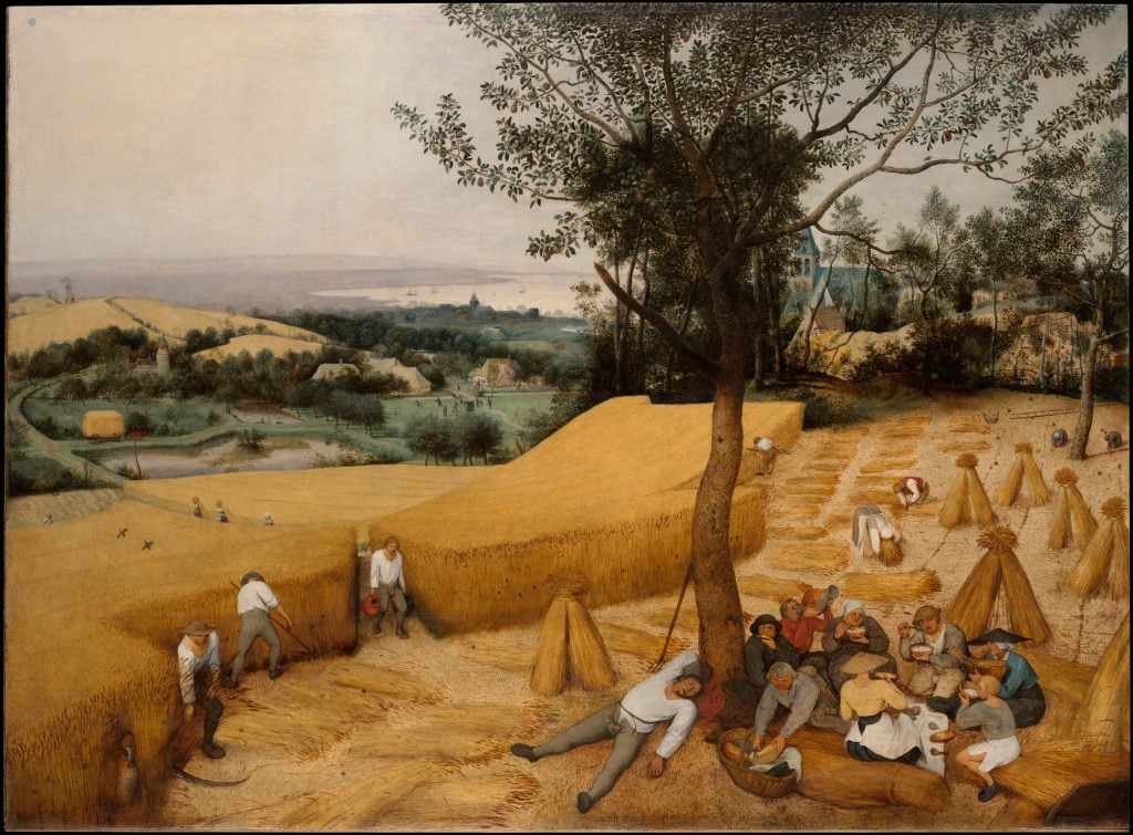 a painting featuring a large wheatfield with workers harvesting and others sleeping beneath a large tree in the foreground