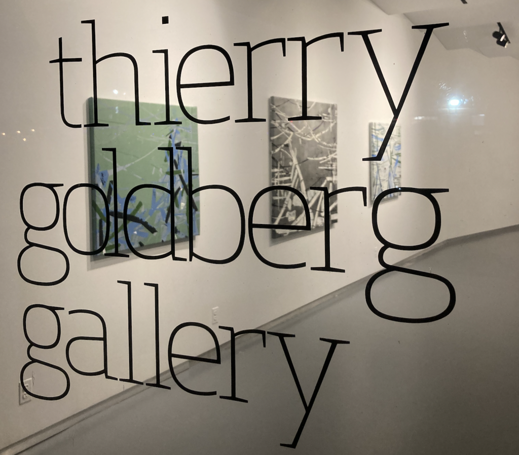 A photograph depicting paintings hanging inside a white-walled gallery, as seen through a window imprinted with the words Thierry Goldberg Gallery.