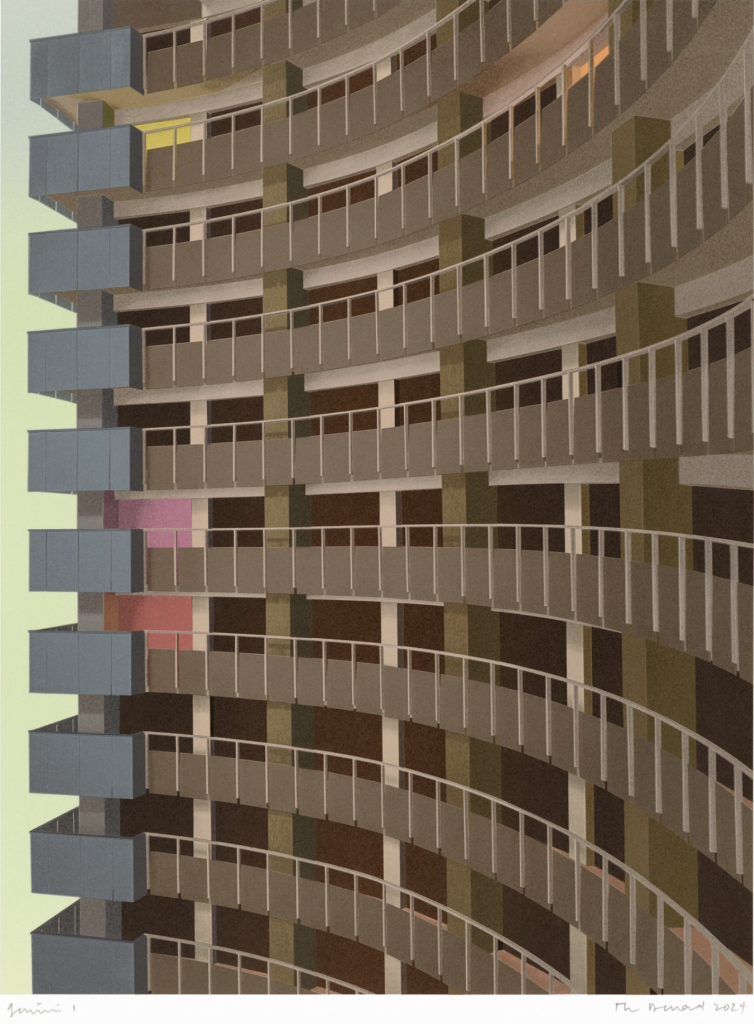 A graphic flat plane depiction of the Bucharest Intercontinental hotel atrium by Thomas Demand, shown by Gemini G.E.L. at Miami Art Week.