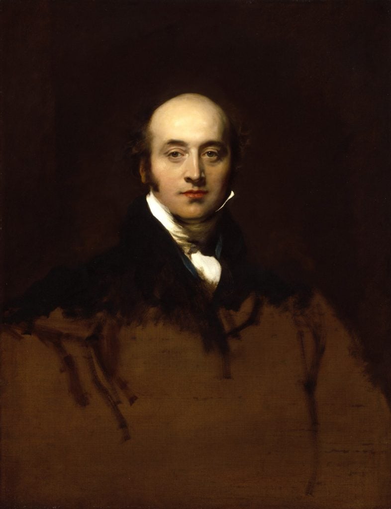 Detailed self-portrait of a balding man in a Victorian suit, the bottom half of the painting left incomplete