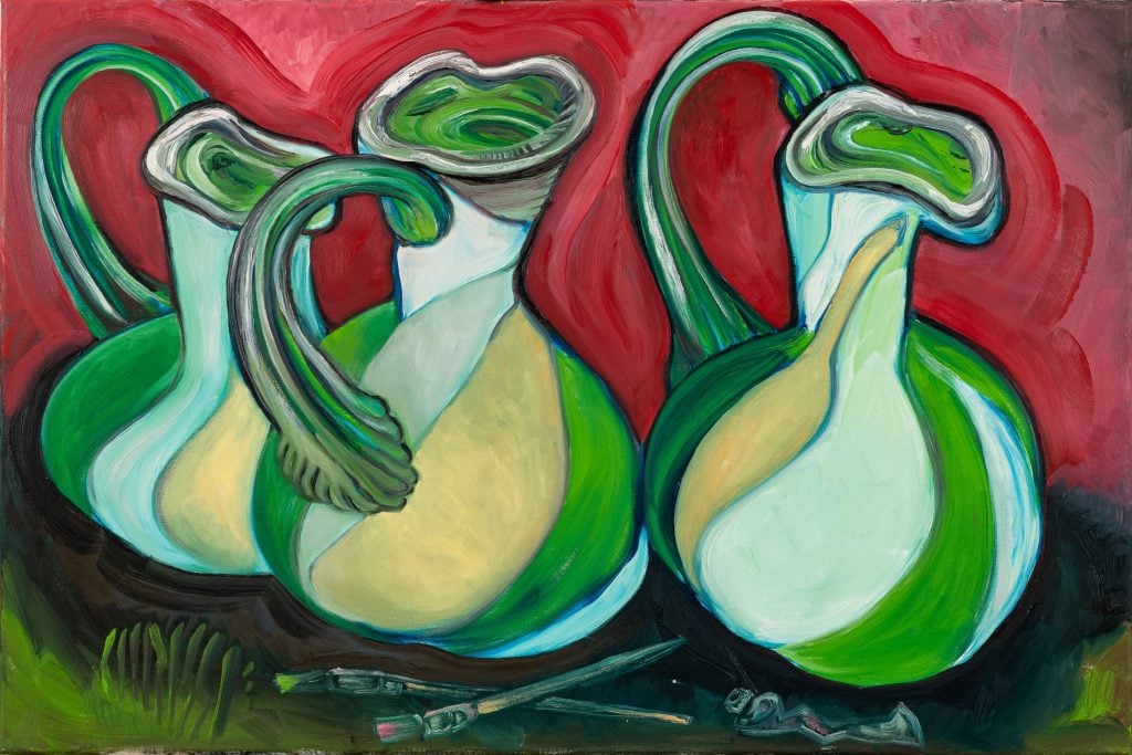 A colorful painting of three jugs 