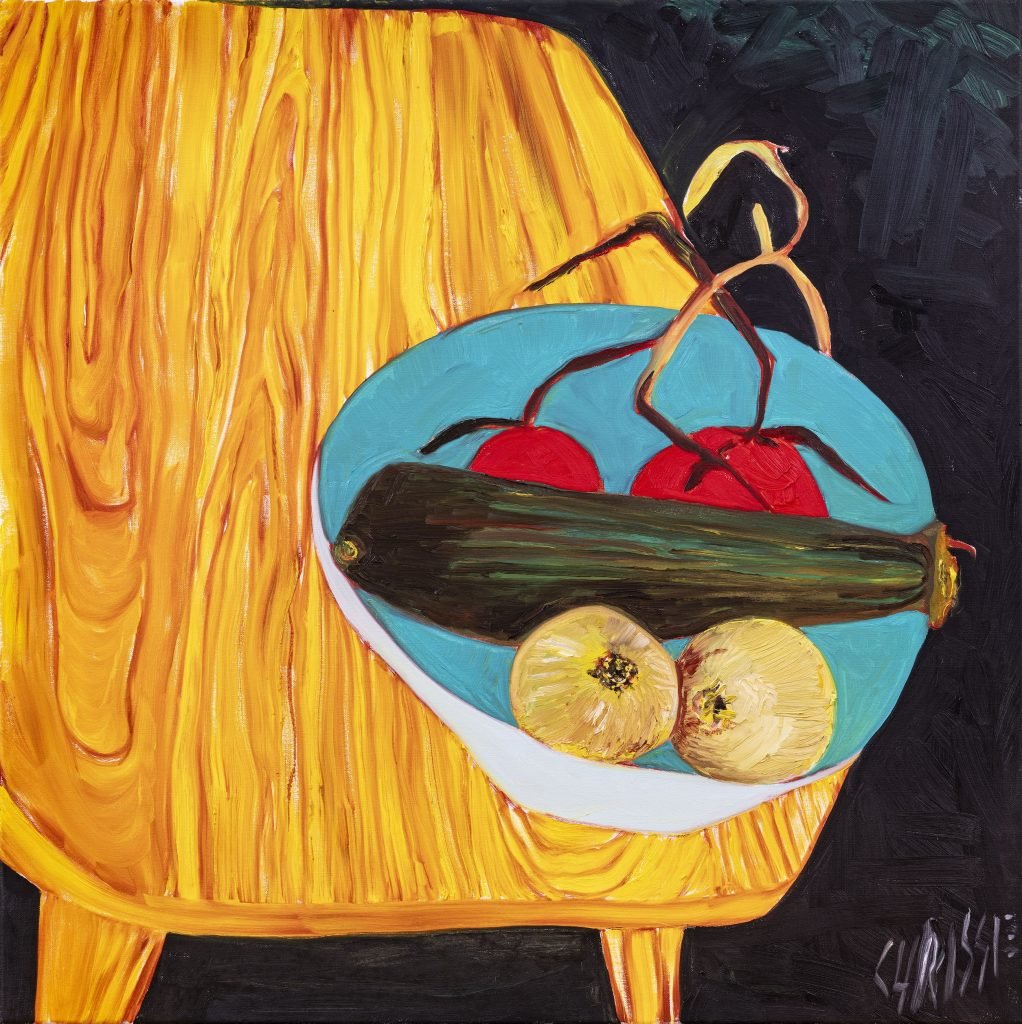 A painting of a bowl of vegetables sitting on a wood table