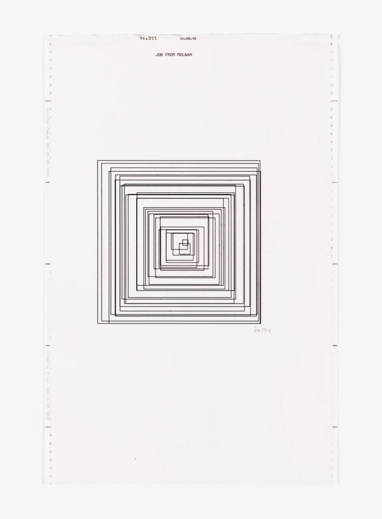 Minimalist black-and-white geometric artwork featuring nested square outlines forming a concentric pattern on a perforated computer printout sheet labeled 'Job from Molnar.'