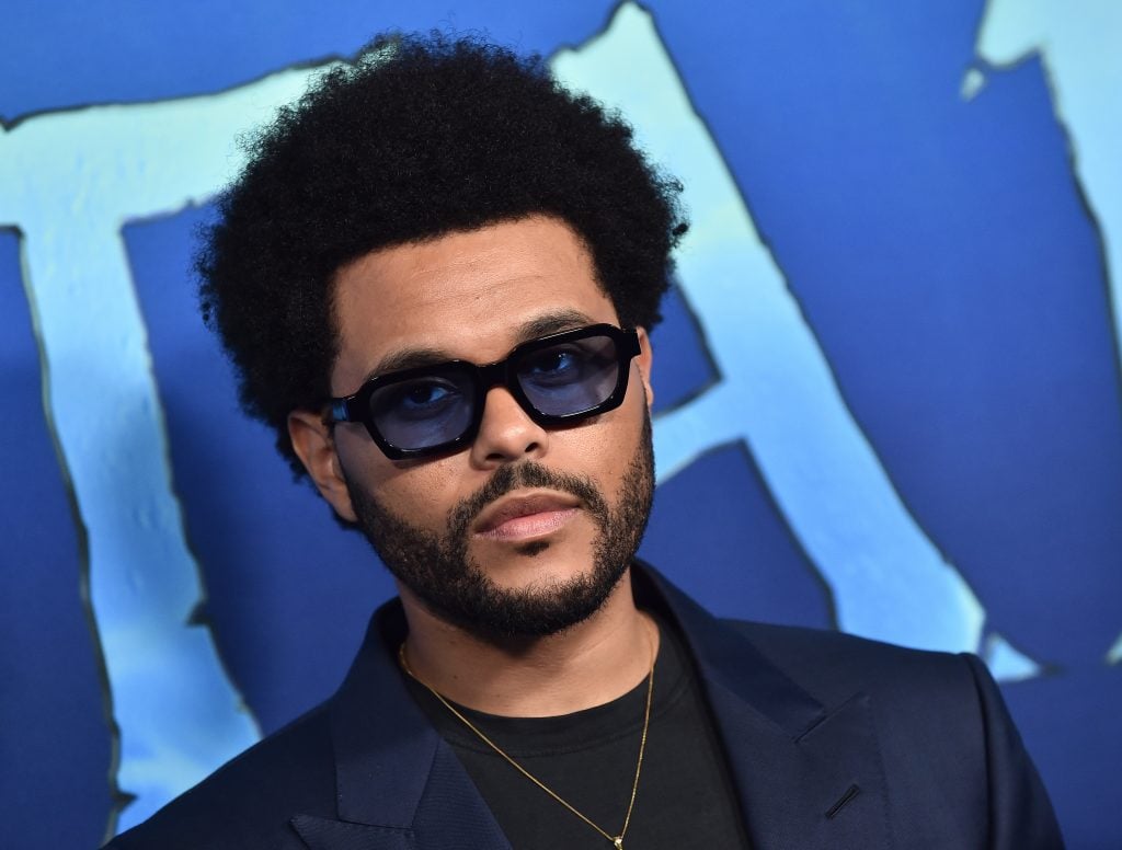 Musician the Weeknd posing in sunglasses in front of a blue backdrop