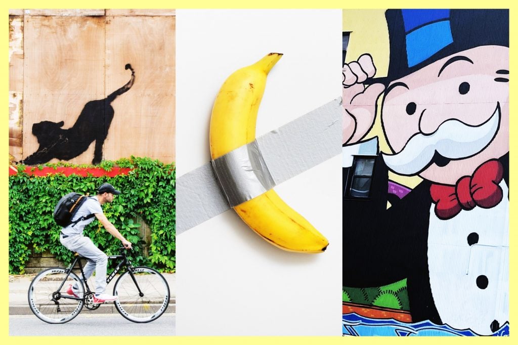 From left: A 2024 Banksy in London; Maurizio Cattelan's Comedian, an Alec Monopoly mural in Manhattan.