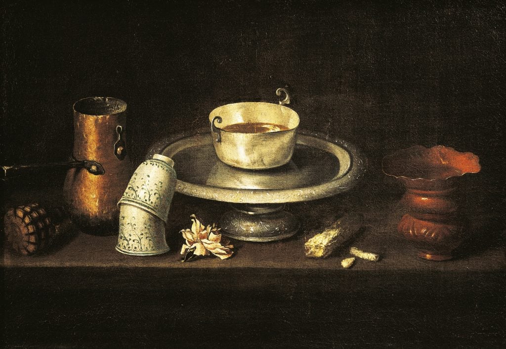 A still life of a bowl of chocolate surrounded by tea cups and other vessels