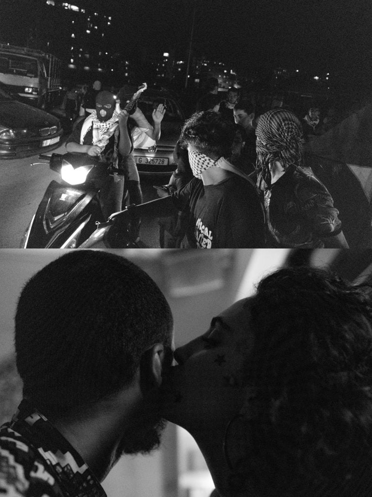 a black and white photograph, on top it shows scenes of a riot with people driving through an urban space with Palestinian keffiyeh, below are two people in an embrace, with a woman kissing a man's cheek