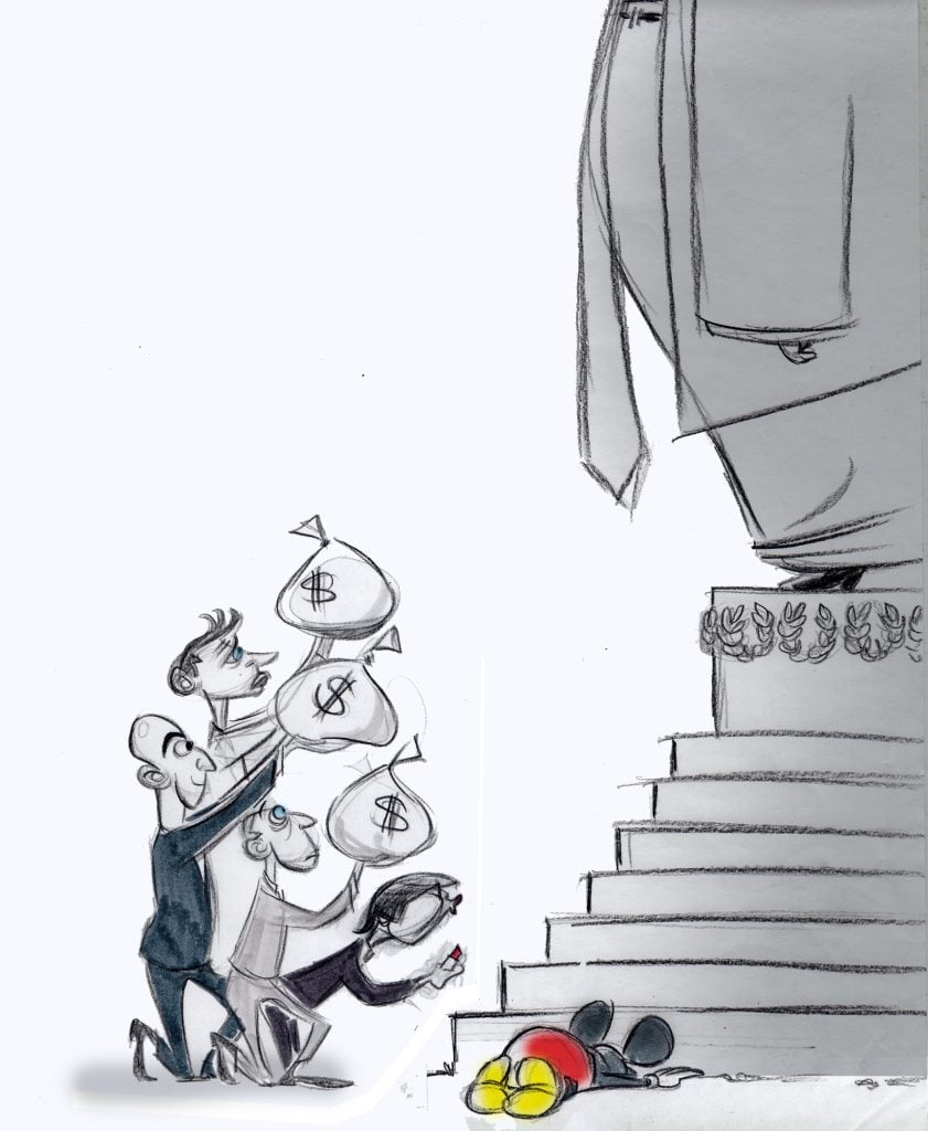 An image of Ann Telnaes' rough version of a cartoon she drew for The Washington Post, which was rejected. a group of four men are showing holing up cash to a huge great grey statue of Donald Trump, although his head is not in frame. 