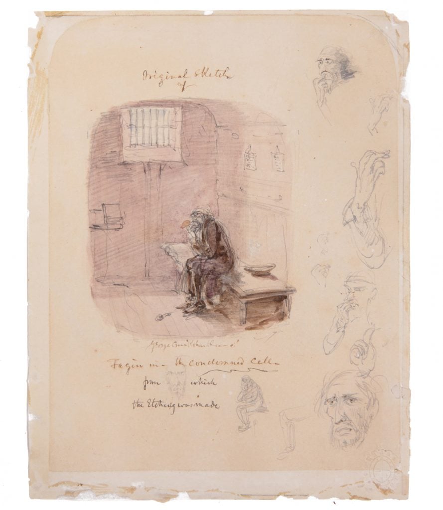 a scrap of paper on which is a central illustration of a haggard looking figure in a bare cell sitting on a bench and then around it are more sketched faces in the margin suggesting this is a rough piece of work