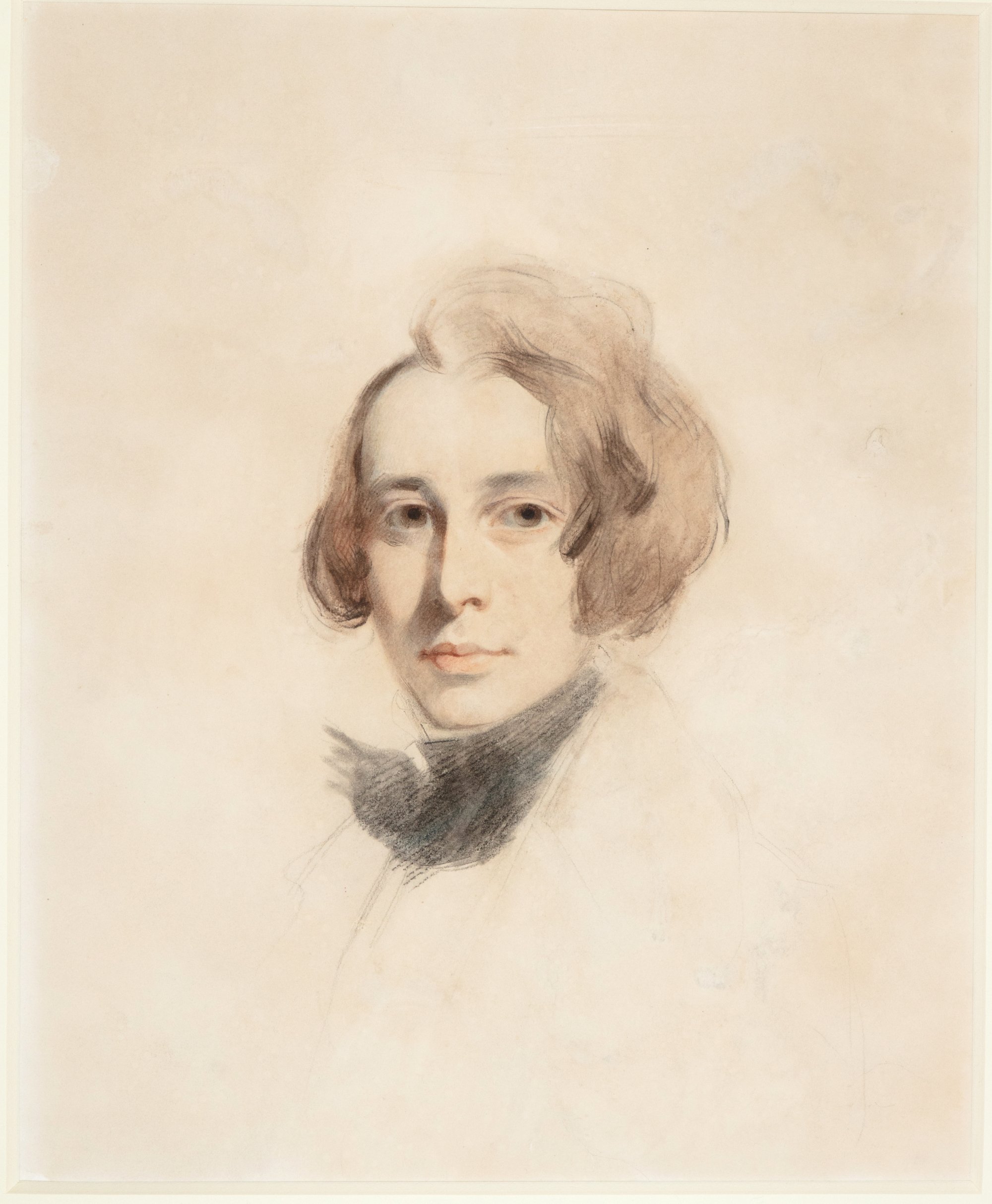 a sketch of a man's face and collar, the rest of his body is merely suggested by a faint outline, he has fluffy brown hair and looks quite young