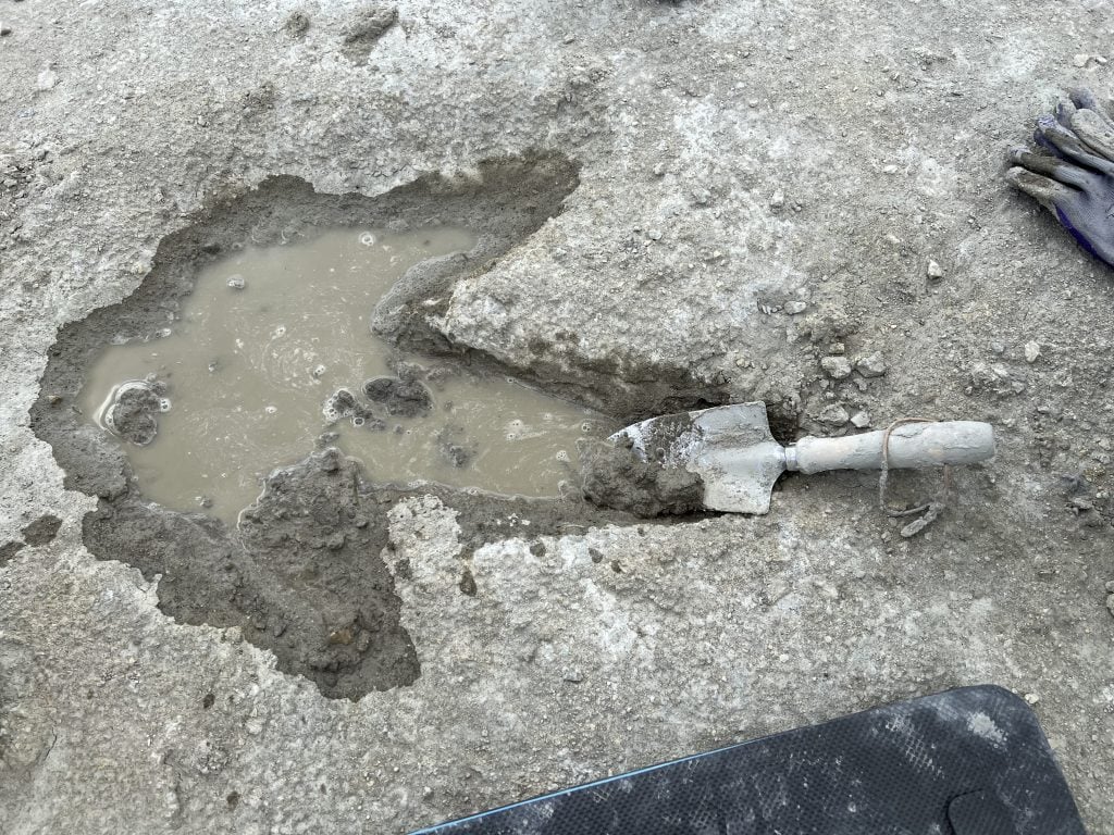 A wet dinosaur footprint partially filled with muddy water, with a small excavation trowel beside it.