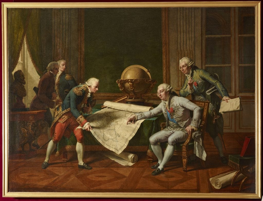 an old-fashioned painting in which a group of men stand around a map excitedly pointing at it as though in the midst of a scientific discovery