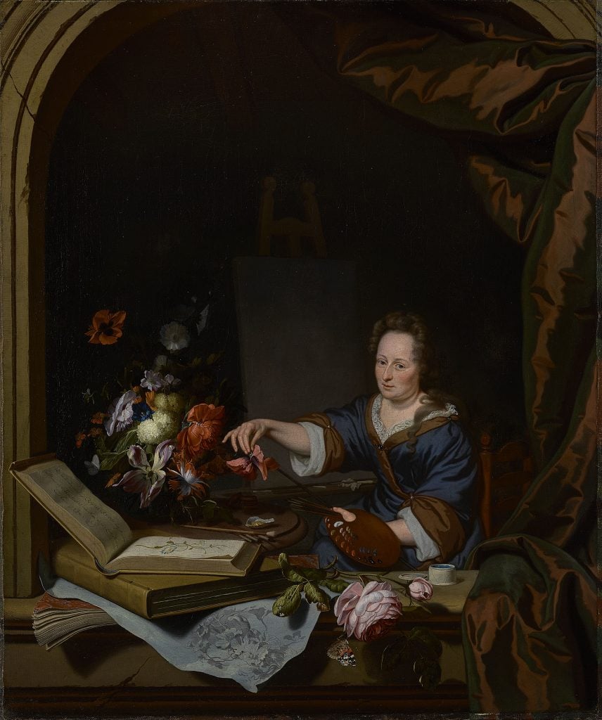 an old masters portrait of a woman with flowers and books