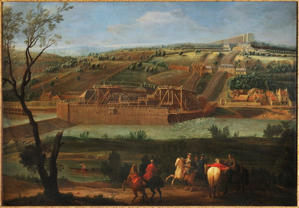 an old-fashioned painting in which a sprawling landscape can be seen with some men looking on from horseback and a large stone and wooden machine-like contraption inhabits the middle distance